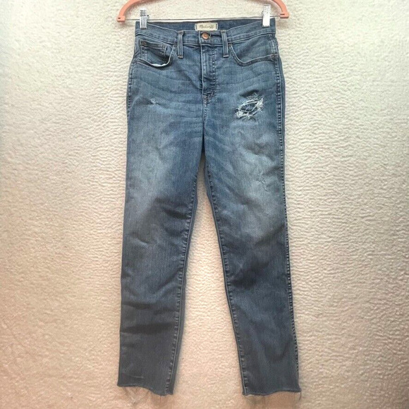 Madewell Jeans Womens 26 Blue Stovepipe Straight Distressed Mid Rise Stretch - Picture 1 of 13